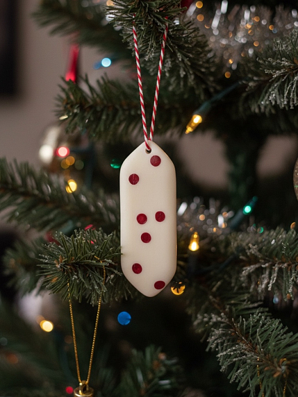 Ёлочная игрушка конфета «Коричневые точки», белая керамика, фото 2.