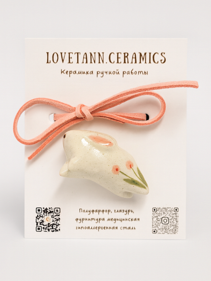 Чокер ручной работы «Зайка» с розовым цветочком, полуфарфор, фото 3.