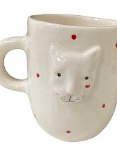 Кружка ручной работы Мария Гордеева с фигуркой «Кот», керамика, белая в красный горошек, 350 мл