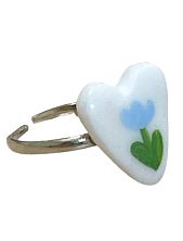 Кольцо Радость Рядом «Сердце с голубым цветком», полимерная глина, незамкнутое, белое