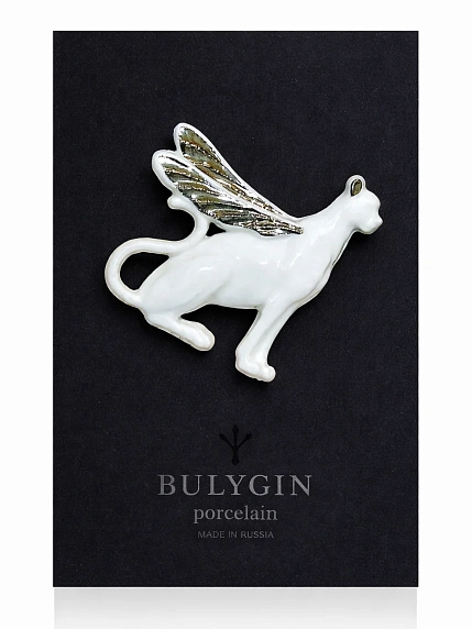 Брошь ручной работы Фарфор Булыгина «Гепард», бело-серебристая, фото 1.