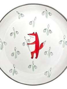 Тарелка ручной работы Ким керамика с бортиком Лис с подснежниками, белая, 17 см