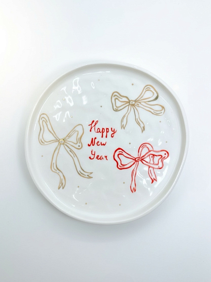 Тарелка ручной работы на Новый год с бантиками «Happy New Year», керамика, 23 см, фото 1.