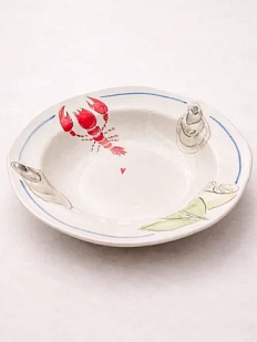 Тарелка-шляпа ручной работы НАДО ЖЕ с росписью «Лобстер, устрицы и лимон», белая, керамика, 24 см