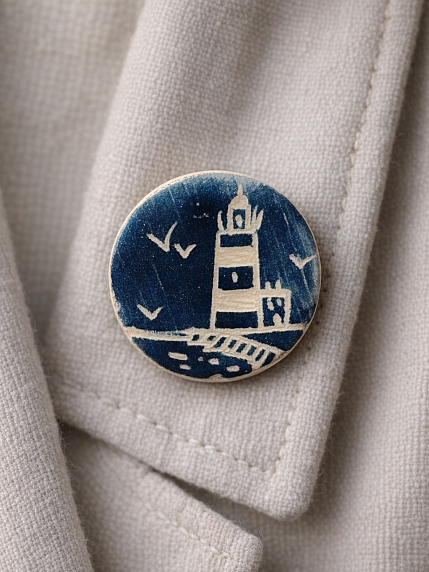 Брошь ручной работы Маяк, круглая, керамика, фото 2.