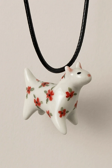 Подвеска ручной работы Боттери керамика «‎Котик»‎ роспись в красный цветочек, керамика, фото 2.