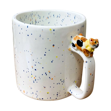 Кружка ручной работы Маковка с фигуркой на ручке «Котик», белая, 380 мл, цилиндр, фото 2.