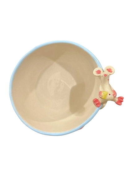 Глубокая тарелка ручной работы «Мышка с сыром», голубая, керамика, 16 см, фото 6.