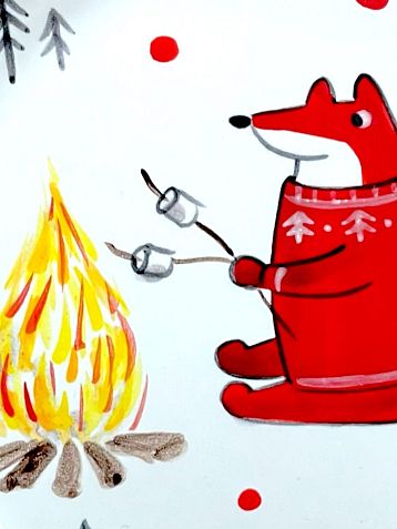 Тарелка ручной работы с бортиком Лис в свитере у костра, белая, 12 см, фото 2.