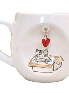 Кружка ручной работы Котик в коробке с подвеской сердечком, керамика, 300 мл