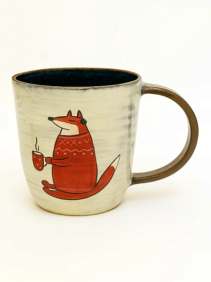 Кружка ручной работы Ким керамика с росписью Лис в свитере и чашкой чая, керамика, 450 мл, фото 4.