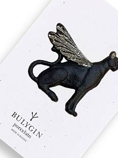 Брошь ручной работы Bulygin «Гепард», фарфор, чёрно-серебристая