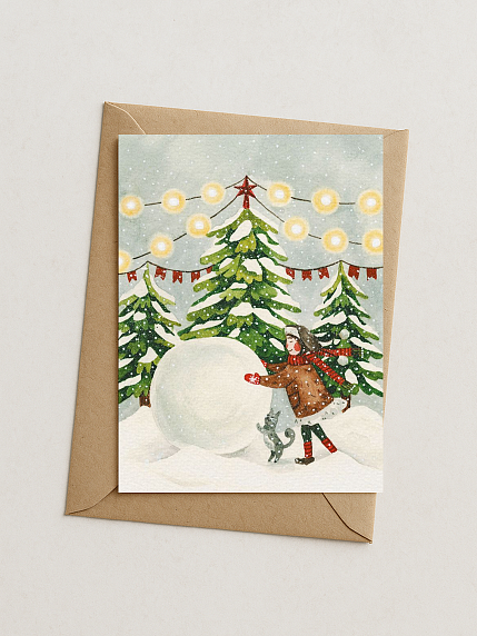 Открытка на Новый год «Катаем снеговика», фото 1.