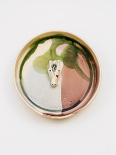 Тарелка ручной работы с фигуркой Лошадка, зелено-голубая полуфарфор, 13,5 см