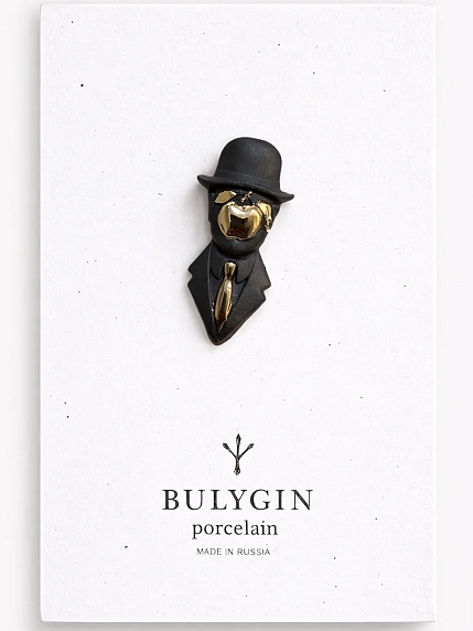 Брошь ручной работы Фарфор Булыгина «Магритт», чёрно-серебристая, фото 1.