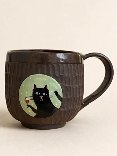 Кружка ручной работы Коврижка «Черный кот с бокалом», керамика, серо-коричневая