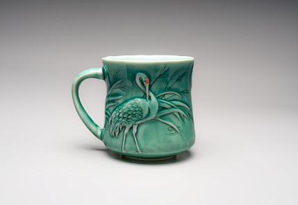 Кружка ручной работы «Журавли», зеленая, фарфор, 390 мл, фото 2.