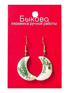 Серьги ручной работы «Еловые ветви»‎, полумесяцы, фарфор