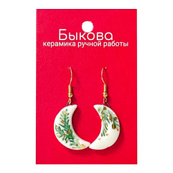 Серьги ручной работы «Еловые ветви»‎, полумесяцы, фарфор и золото