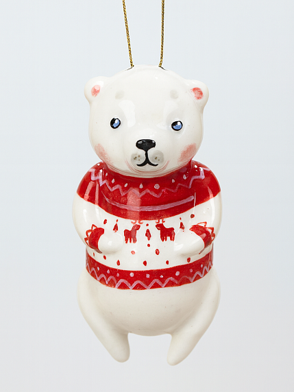 Ёлочная игрушка из фарфора «Медведь в новогоднем свитере», 12 см, фото 1.