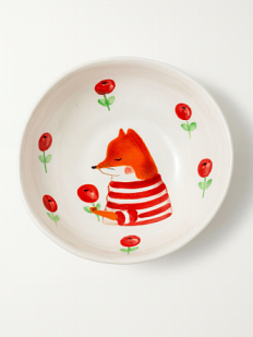 Пиала ручной работы с росписью внутри Лисёнок с красными цветами, белая, фарфор, 10 см