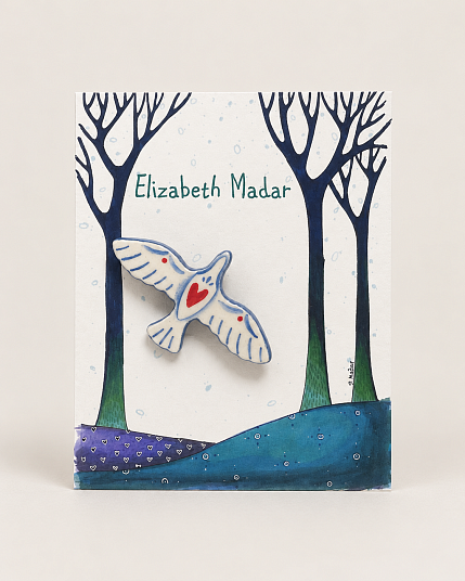 Брошь ручной работы Elizabeth Madar Птица, бело-голубая, керамика, фото 1.