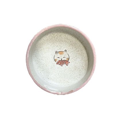 Миска ручной работы «Котик с рыбкой», розовая, керамика, 14 см, фото 1.