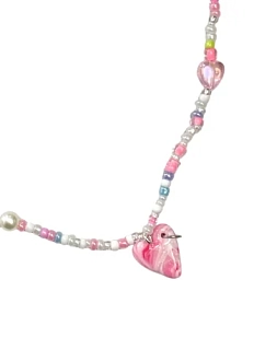 Чокер ручной работы Радость Рядом с сердечком с разводами и кольцом, розово-белый, полимерная глина, бисер