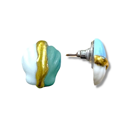 Серёжки-гвоздики из фарфора с позолотой «Ракушки», фото 2.