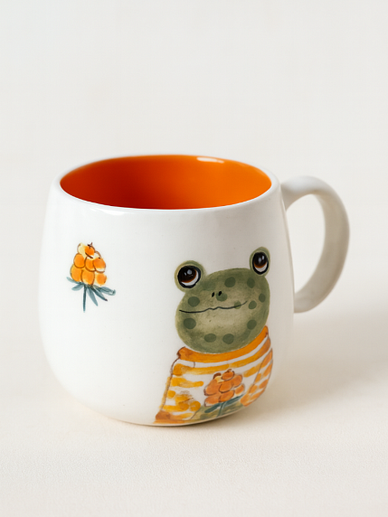 Кружка ручной работы с росписью Лягушка с морошкой, фарфор, 350 мл, фото 2.