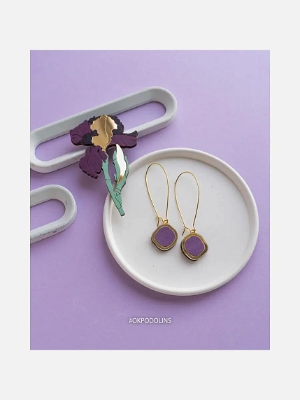 Набор украшений ручной работы брошь «Ирис» и серьги «Озёра», фиолетовый, дерево, фото 4.