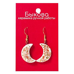 Серьги ручной работы «Красные цветы», полумесяцы‎, фарфор и золото