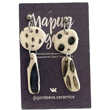 Серьги Мария Гордеева асимметричные составные, керамика, чёрно-белые, фото 1.