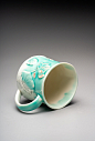 Кружка ручной работы «Лотос и карп», бирюзовая, фарфор, 430 мл, превью фото 5