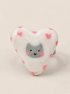 Кольцо ручной работы Радость Рядом «Сердце с серым котиком», белое, полимерная глина, незамкнутое