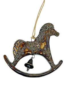 Подвес плоский керамический ручной работы «Лошадка-качалка с колокольчиком», тёмно-коричневый, 13 см