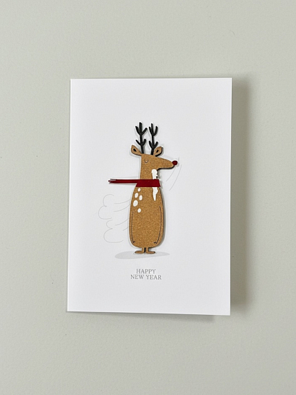Открытка с деревянными элементами «Happy New Year c оленем», открывающаяся, BOE, фото 1.