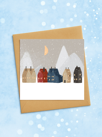 Квадратная зимняя сканди открытка «Домики и горы», фото 2.