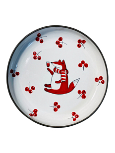 Тарелка ручной работы с бортиком Лис с брусникой и бокалом, белая, 13 см