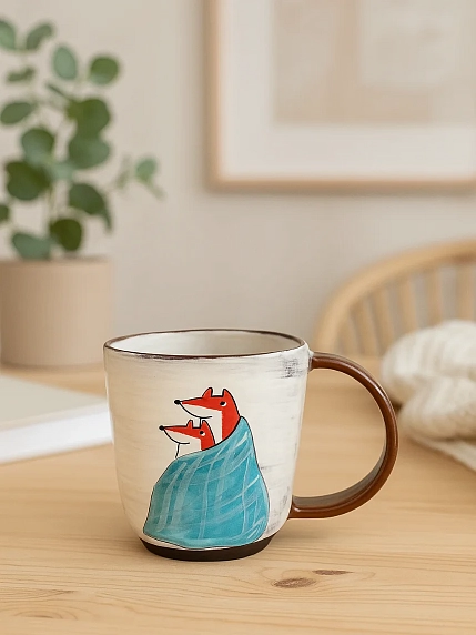 Кружка ручной работы Ким керамика с росписью Пара лисичек в одеяле, 350 мл, белая, фото 6.