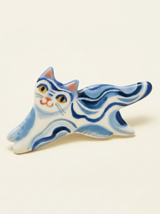 Брошь ручной работы Полина Гузеева «Полосатый котик», голубая, фарфор