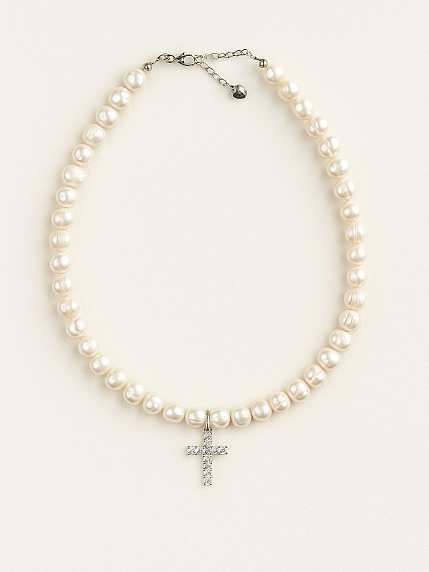 Чокер ручной работы «Holy», речной жемчуг, родированная латунь, фото 2.