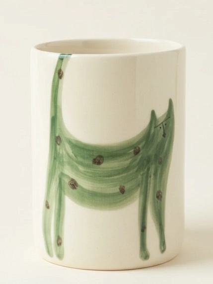 Стакан ручной работы Донышко-горлышко «Кот Краш Зеленый», белый, керамика, 300 мл, фото 1.