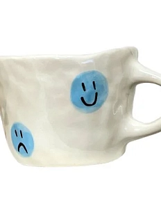 Чашка для чая ручной работы смайлики, синяя, керамика, 250 мл