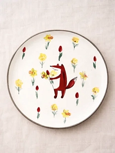 Тарелка ручной работы Ким керамика с бортиком Лис с цветами, белая, 14 см