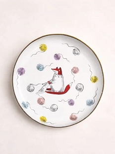 Тарелка ручной работы Ким керамика с бортиком Лис и клубочки пряжи, белая, 17 см