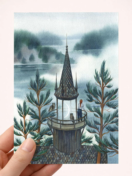 Открытка Анна Спешилова «Башня на берегу озера», односторонняя, фото 1.