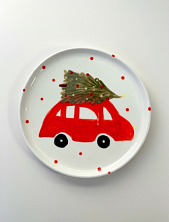 Тарелка ручной работы на Новый год «Машинка с ёлкой», керамика, 18 см