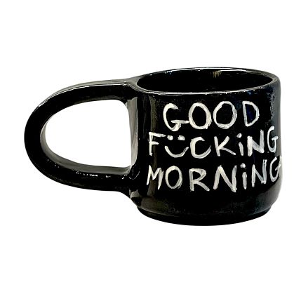 Кружка ручной работы с надписью «Good f***ing morning», чёрная, керамика, 170 мл, фото 1.