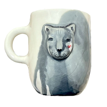 Кружка ручной работы Мария Гордеева с фигуркой «Кот», керамика, серая с разводами, 350 мл, фото 1.